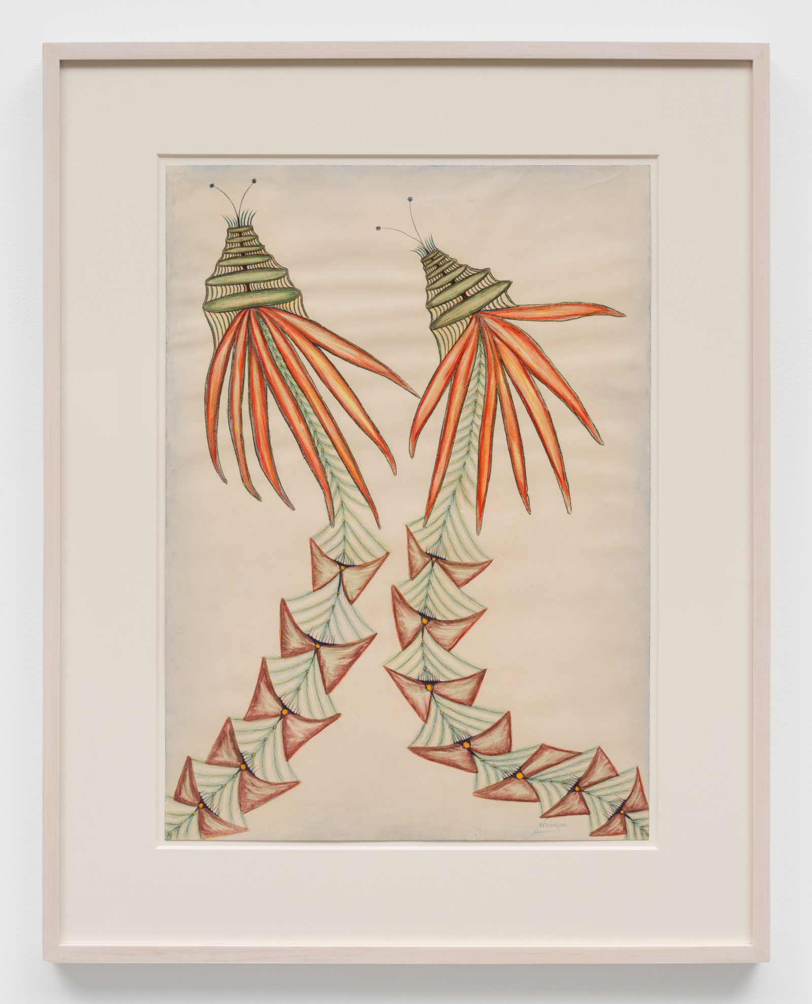 Anna Zemánková pastel of two tall plantlike forms in orange and green