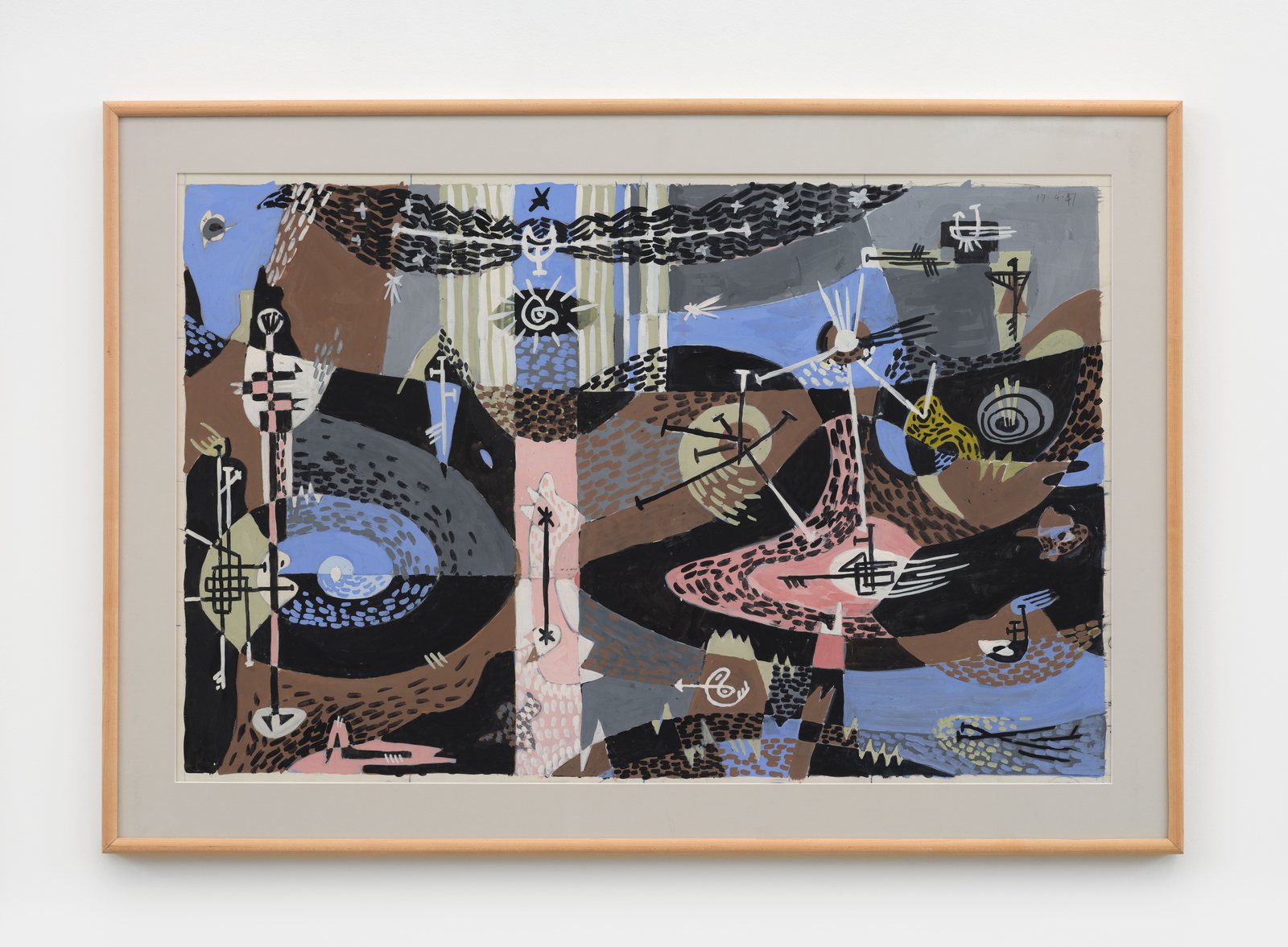 Gordon Onslow Ford composition of interlocking black, blue and pink shapes with small symbols