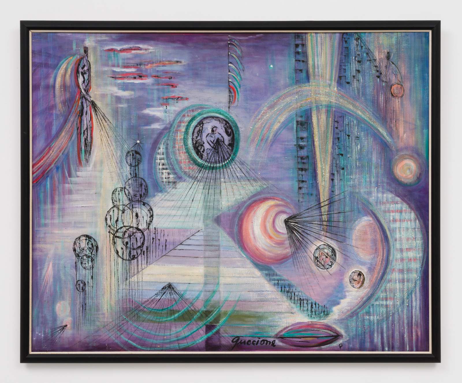 Juanita Guccione painting of spheres, rays and floating figures in violet and blue