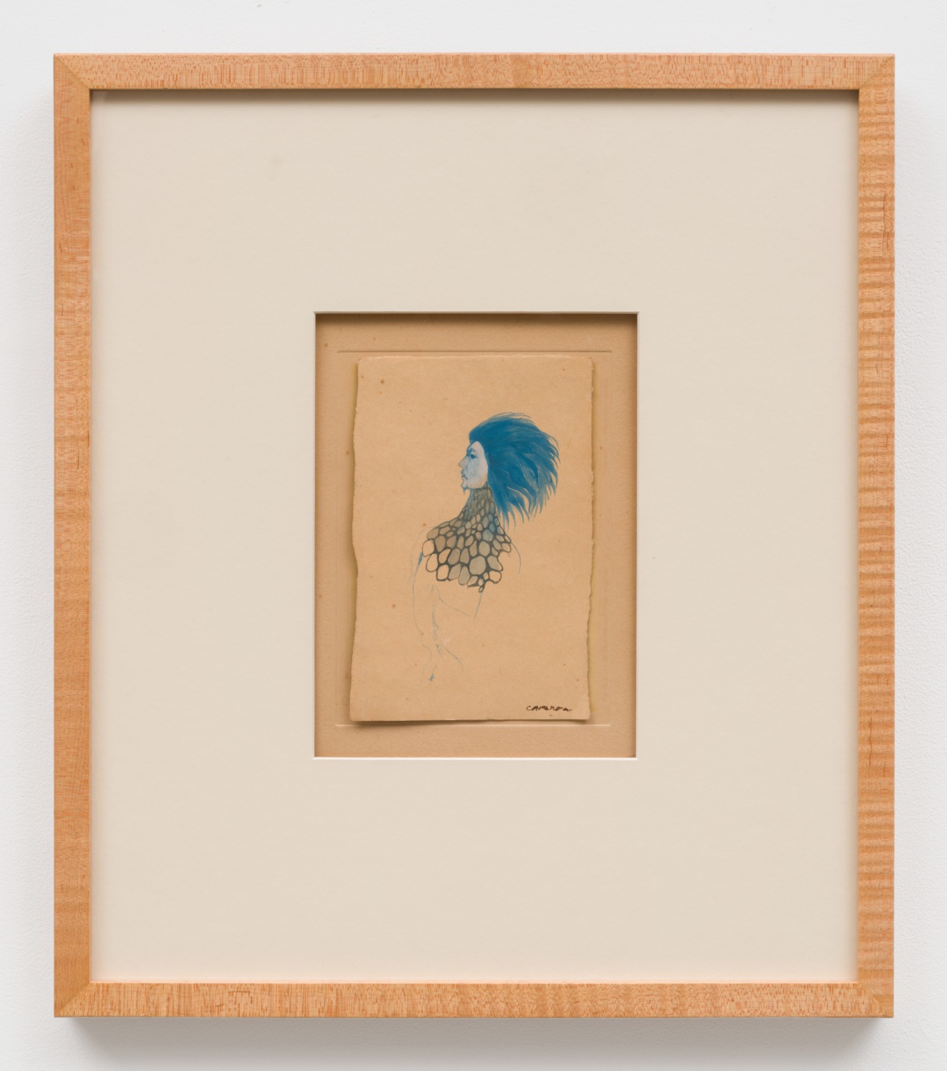 Small Marjorie Cameron painting of a figure with blue hair, in a light wood frame
