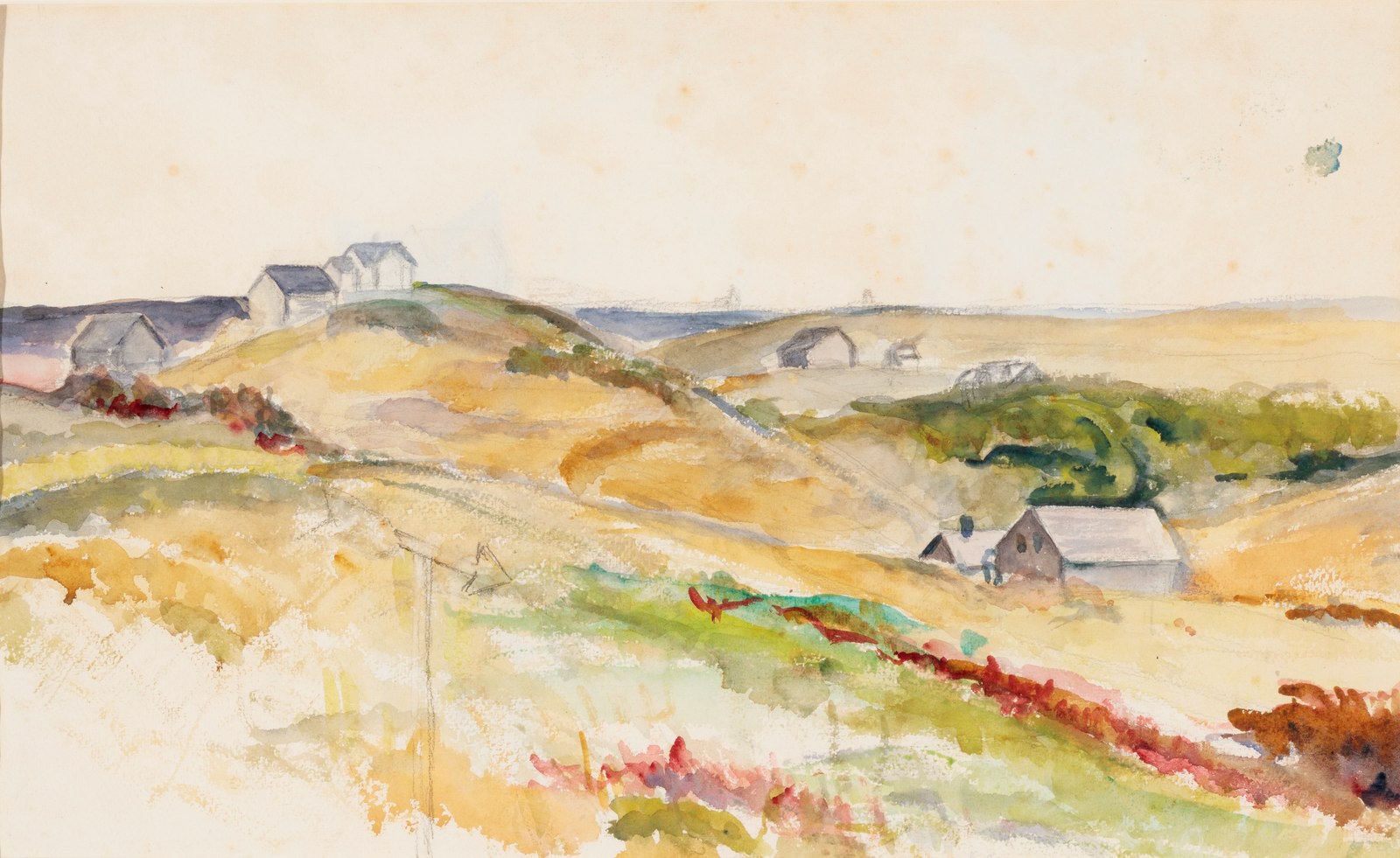 Josephine Hopper watercolor of rolling Truro hills with the Hoppers’ house and the ocean beyond