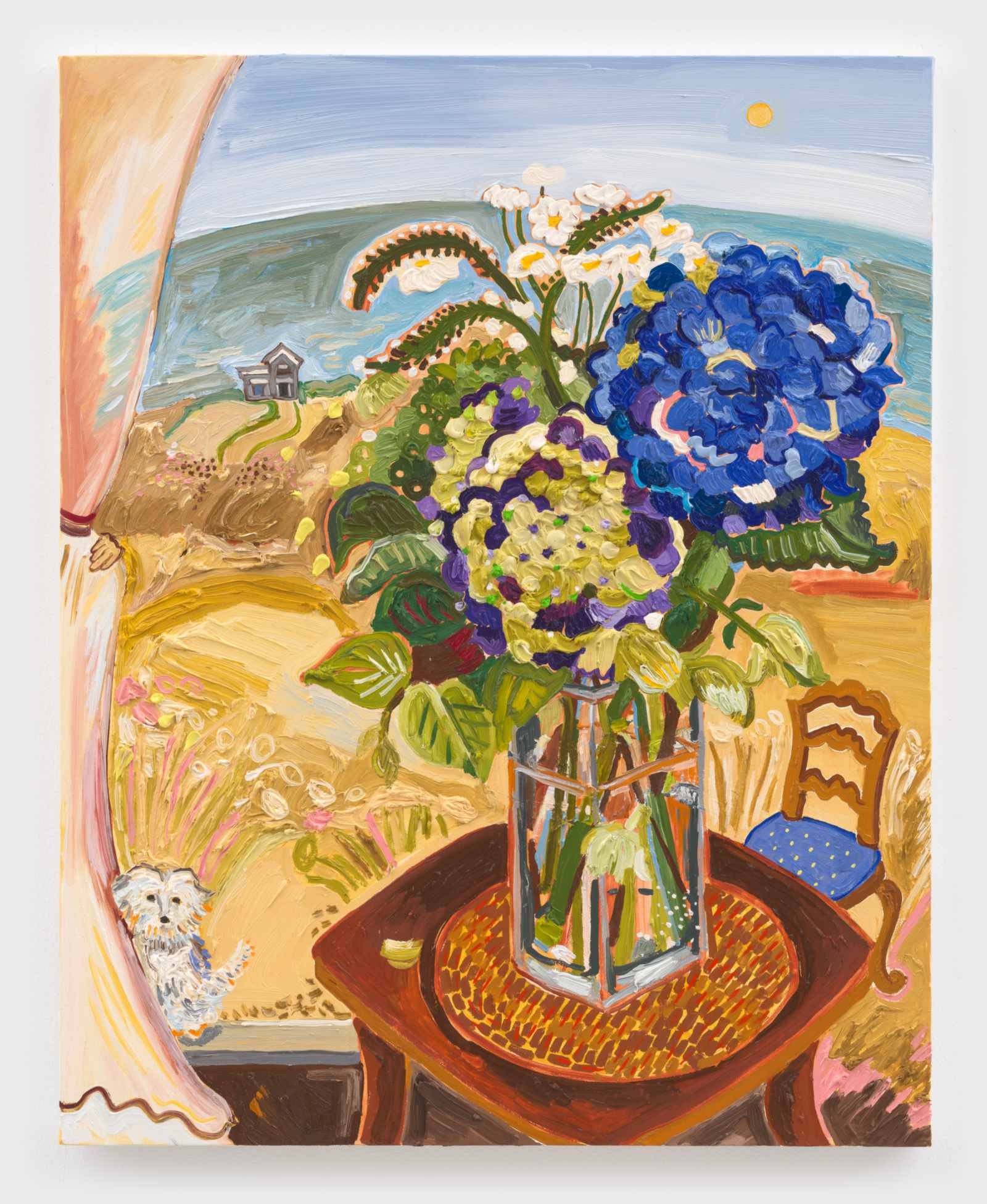 Susan Chen painting “Flowers of Days Gone By,” 2026, blue and green hydrangeas in a glass vase by a window, a little white dog below and a house on the dunes beyond