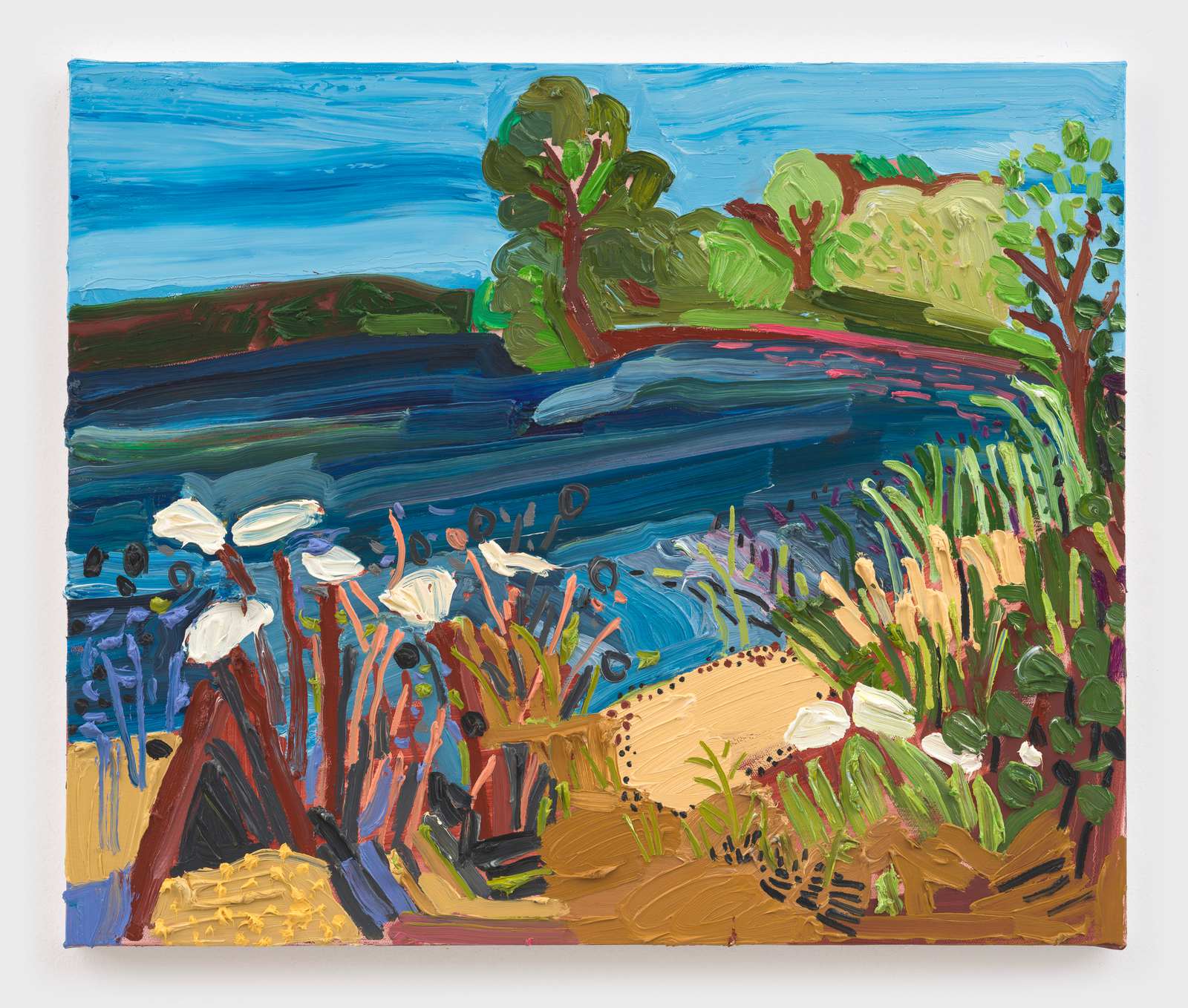 Susan Chen painting “Kettle Pond,” 2026, a blue pond framed by beach grass and trees