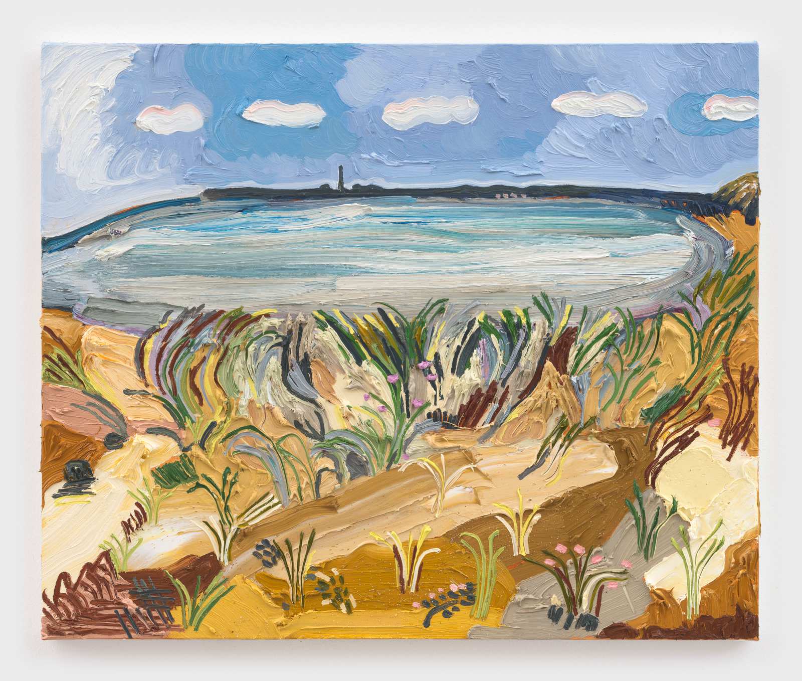 Susan Chen painting “Provincetown,” 2026, the curve of the coast seen from Corn Hill Beach with the Provincetown tower in the distance
