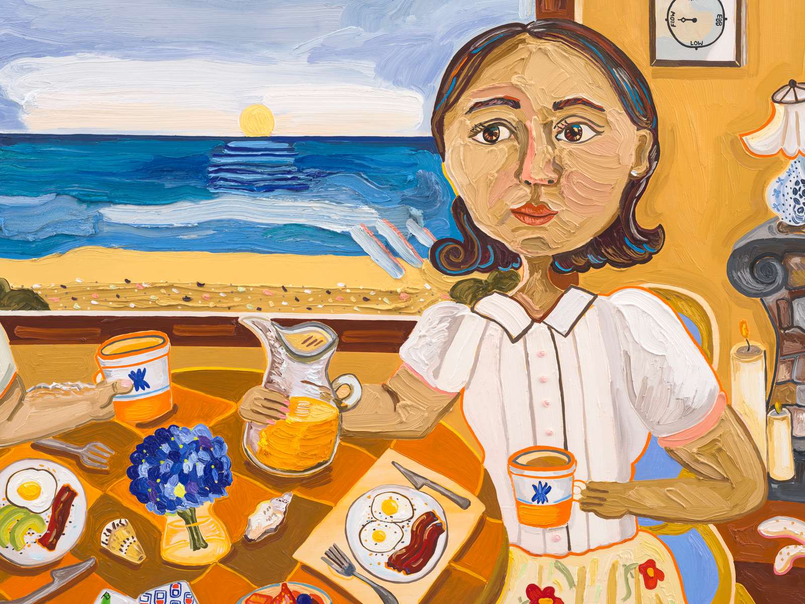 Detail of Susan Chen’s “Rooms by the Sea,” the artist holding a mug beside a breakfast table with hydrangeas