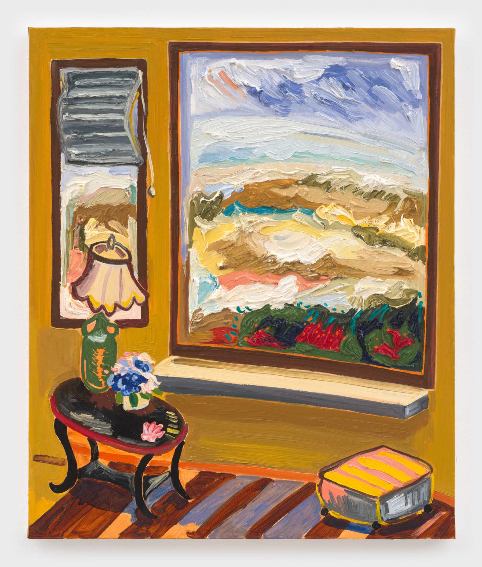 Susan Chen painting “Stormy Seas at Bay,” 2026, a stormy sea through a window, a lamp and hydrangeas on a side table