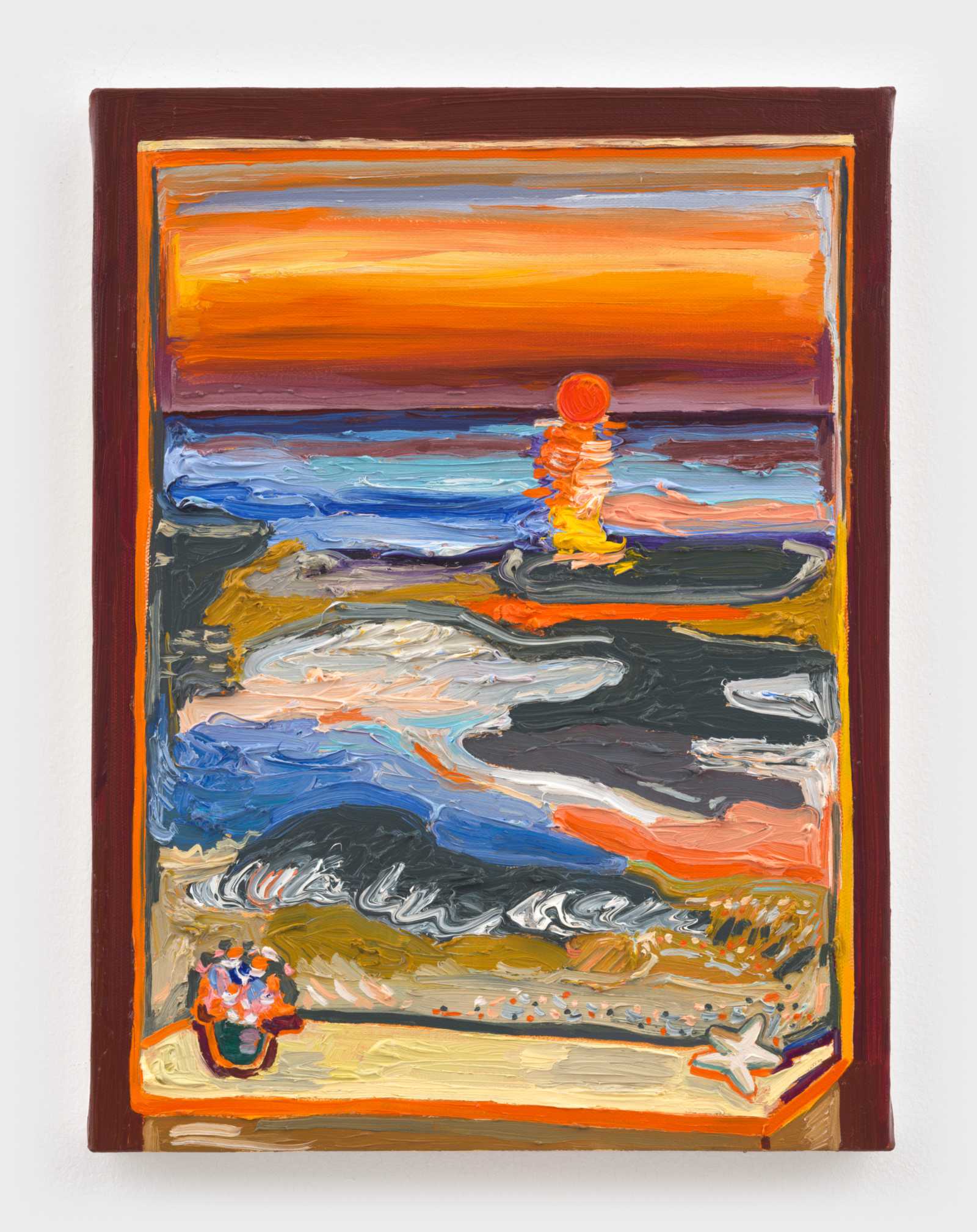 Susan Chen painting “The Sun Fell into the Sea, Again,” 2026, an orange sunset over the water seen through a window