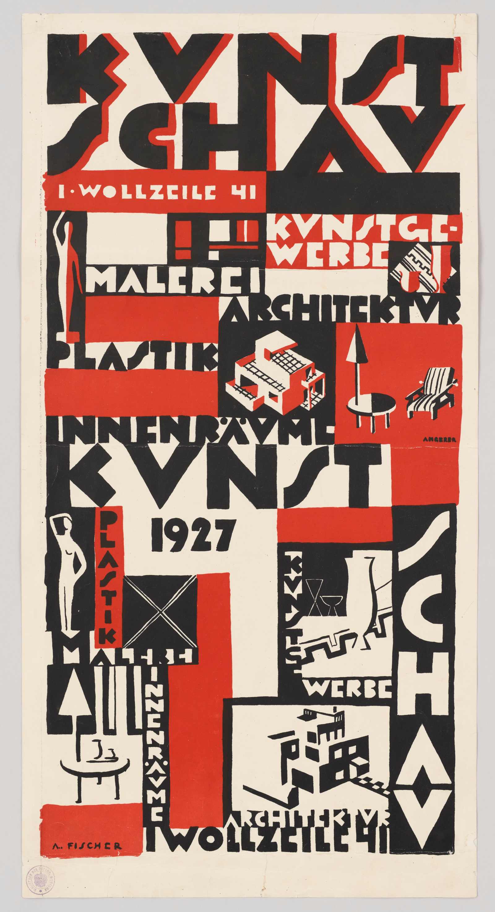 Alice Fischer and Mea Angerer, poster for the Kunstschau 1927, bold black and red lettering and small figures