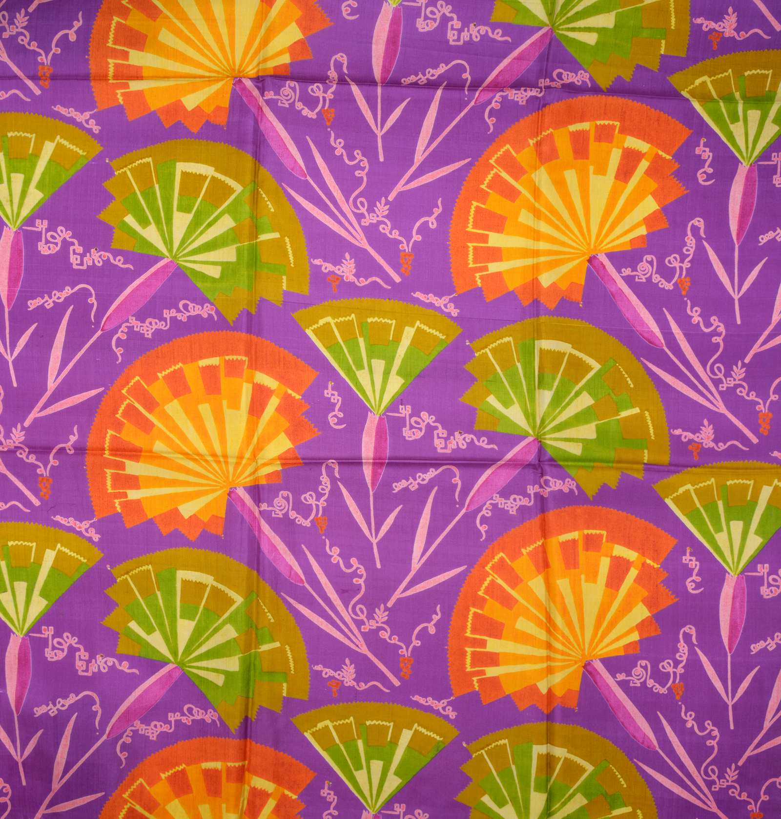 Felice Rix, “Purple Carnation,” a silk sample printed with orange and green fan-shaped flowers on purple