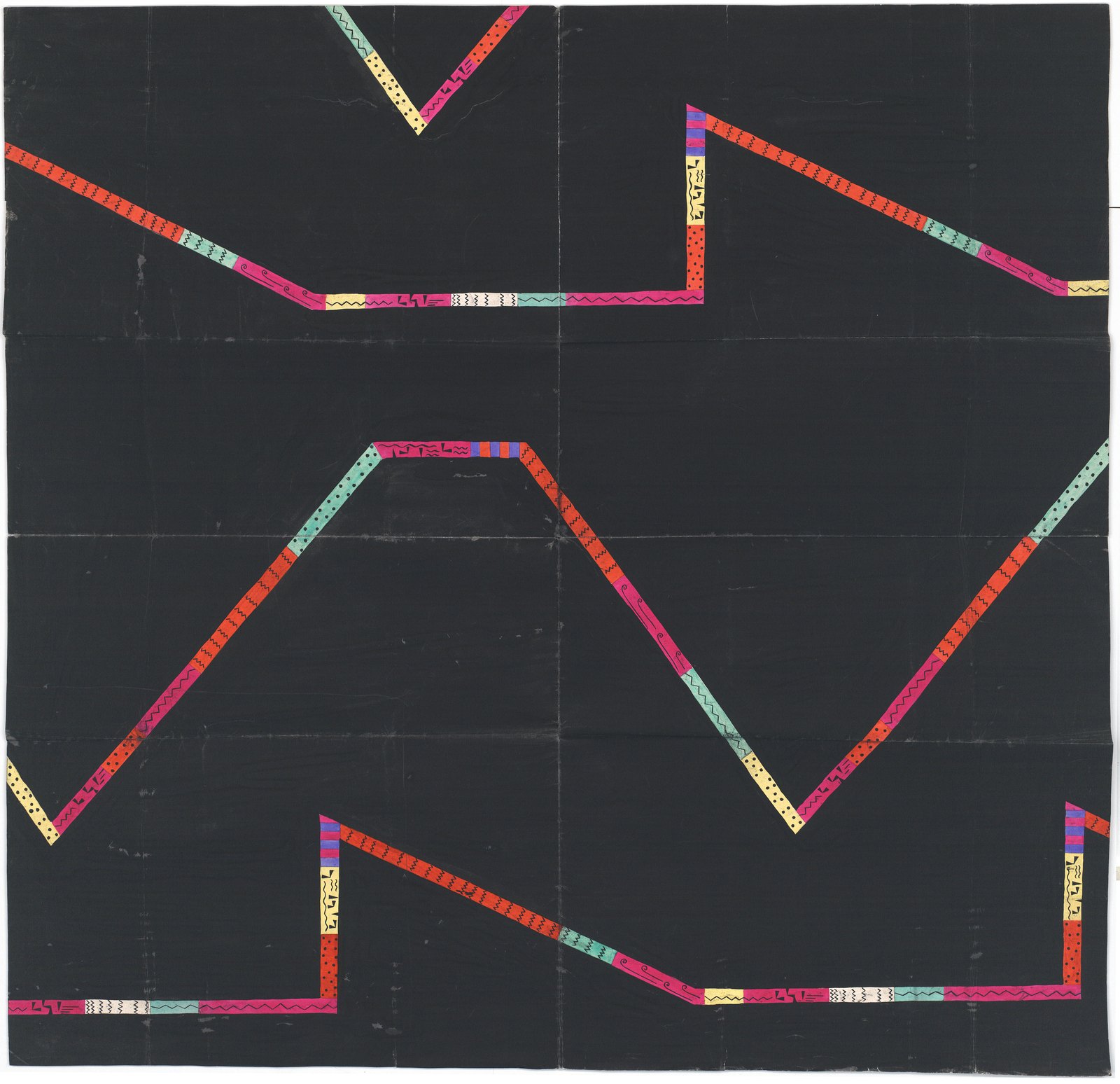 Felice Rix, design for “Sheet Lightning” fabric, zigzag lines in pink, yellow and blue on black