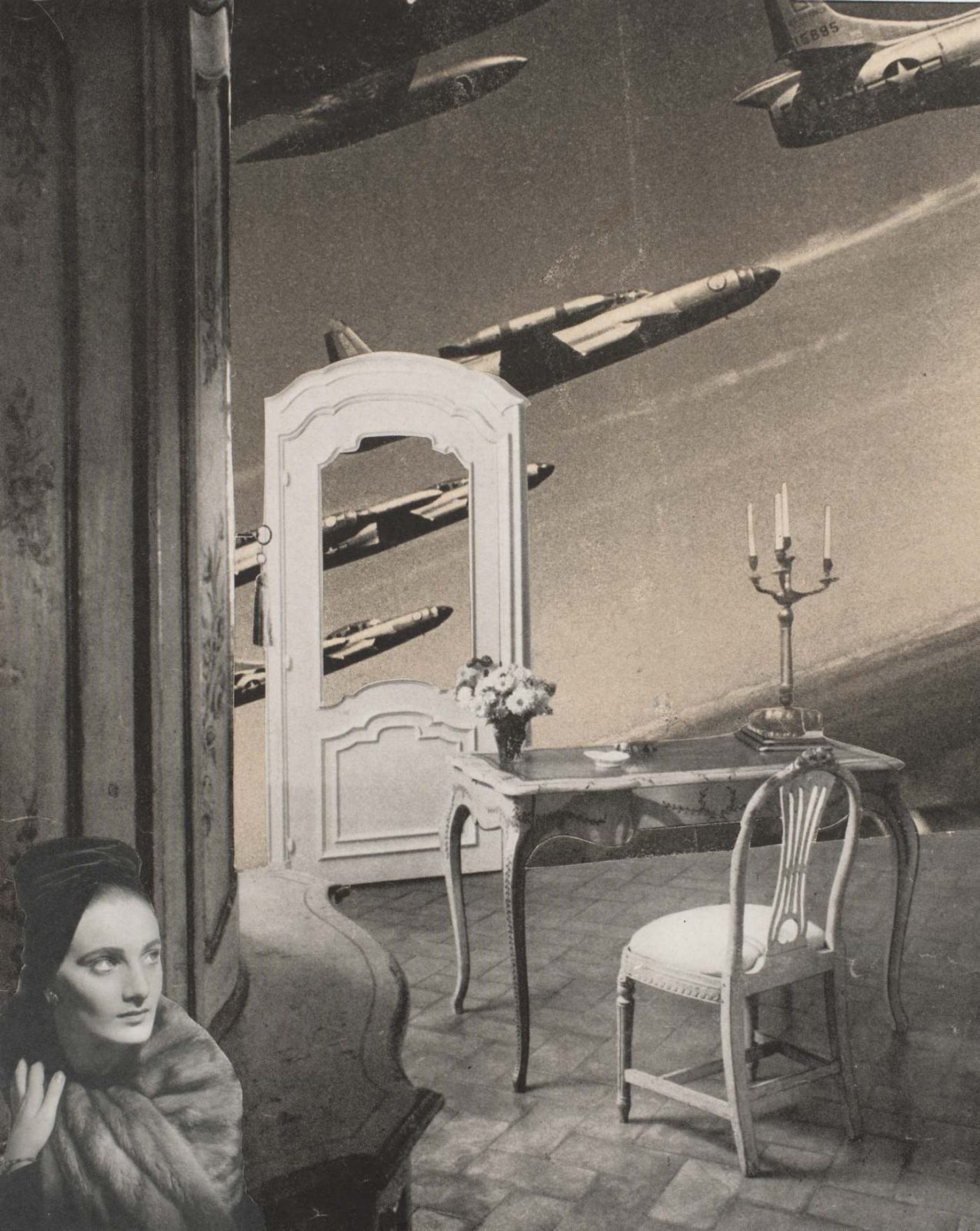 Toshiko Okanoue collage of a woman watching from behind a wall as warplanes cross the sky