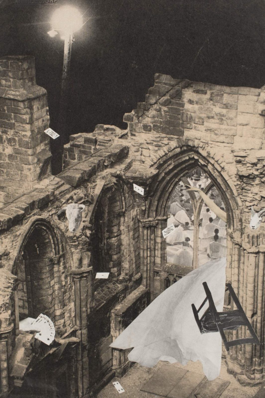 Toshiko Okanoue collage of an empty white gown billowing through bombed Gothic ruins at night